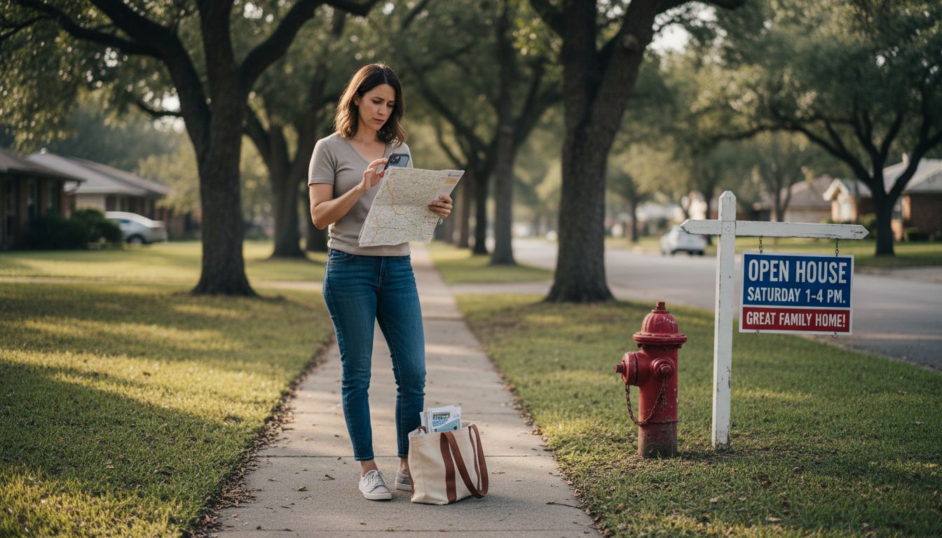 Homebuyer researching neighborhood on street