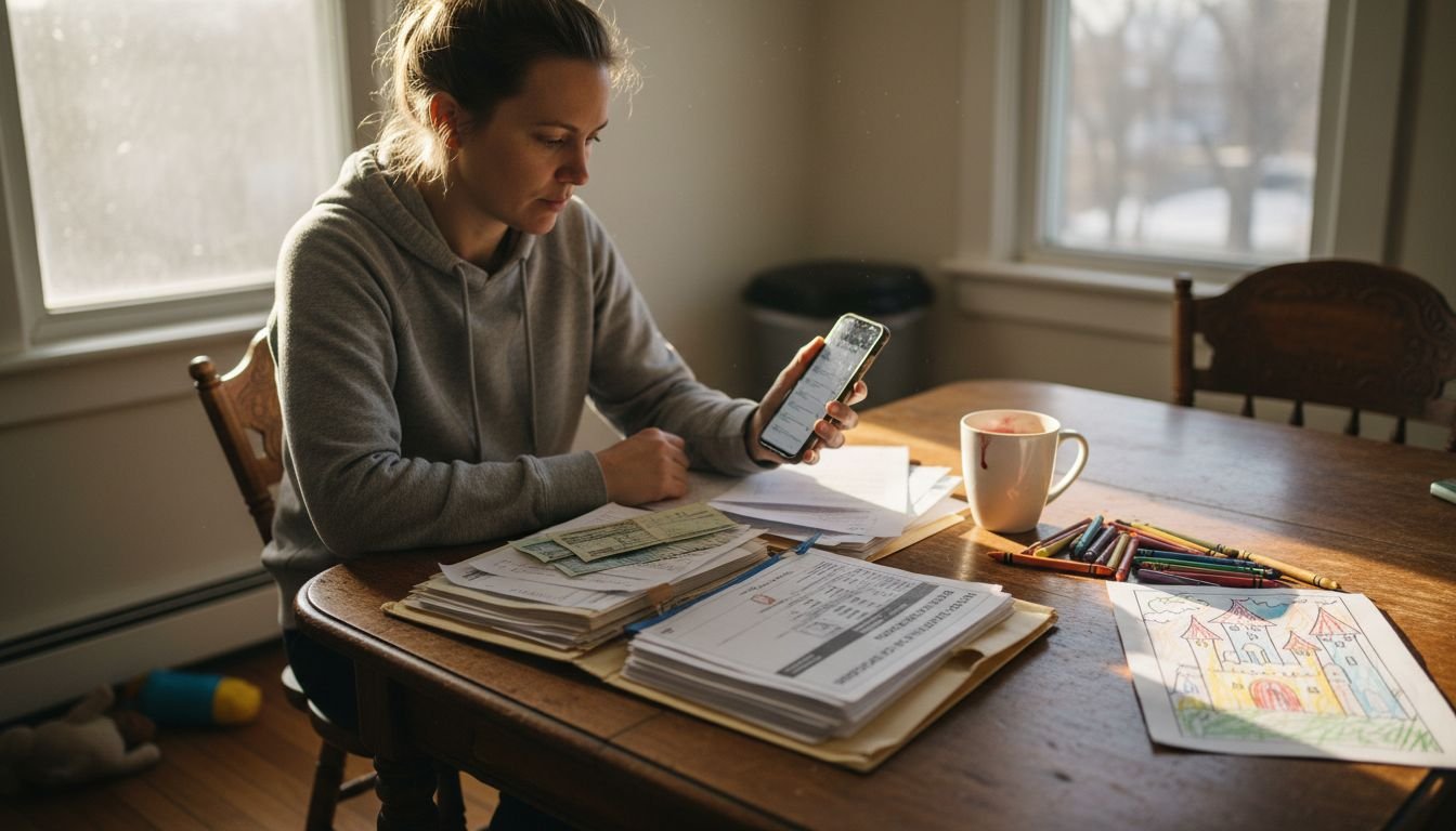 Mother organizes mortgage papers at kitchen table