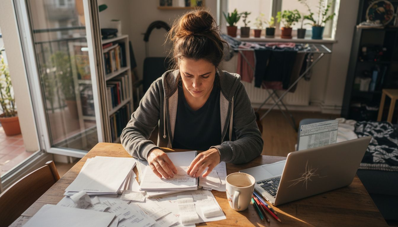 Self-employed woman sorts through tax paperwork