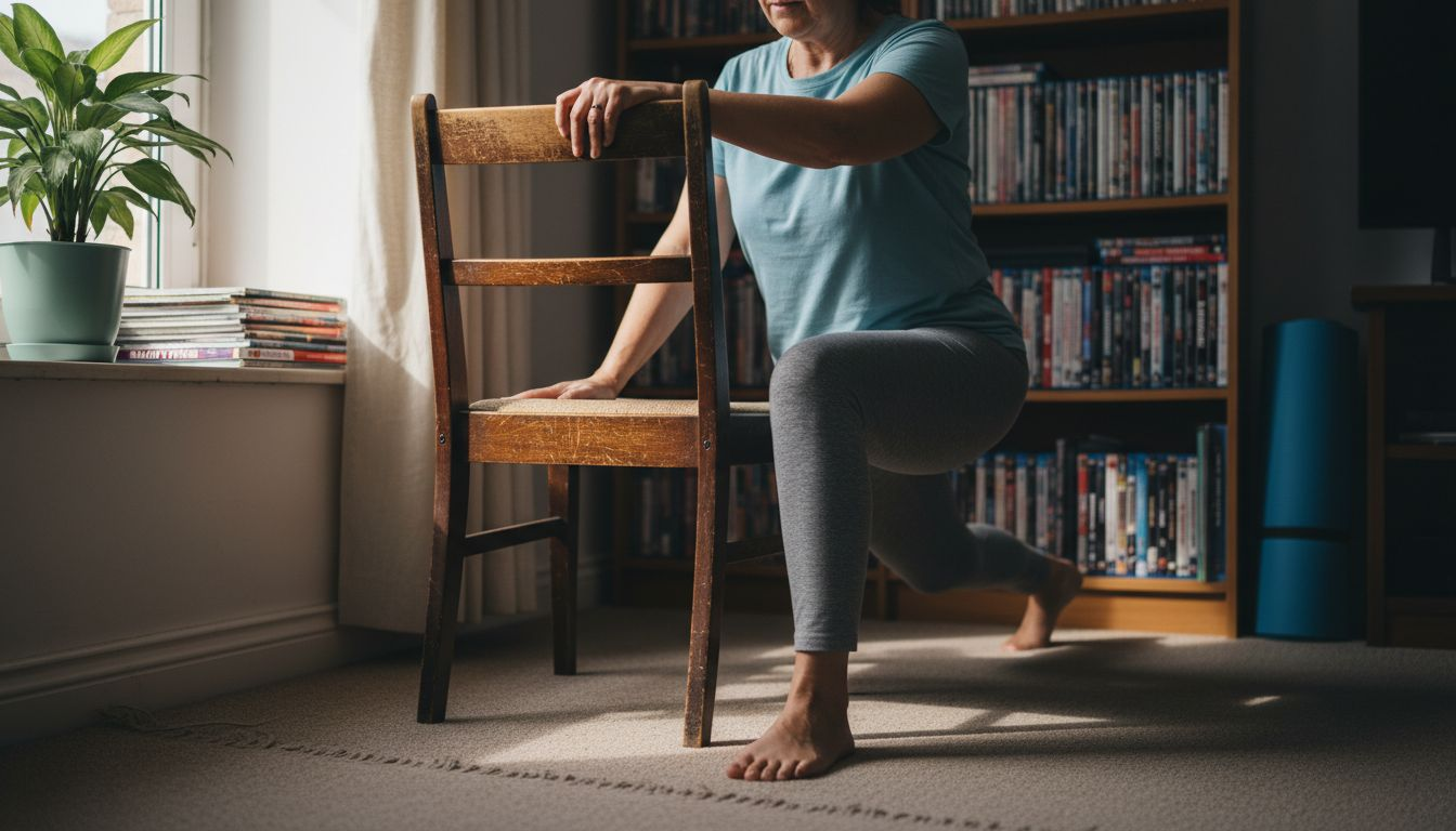 Una mujer de mediana edad practica estiramientos en la comodidad de su hogar.