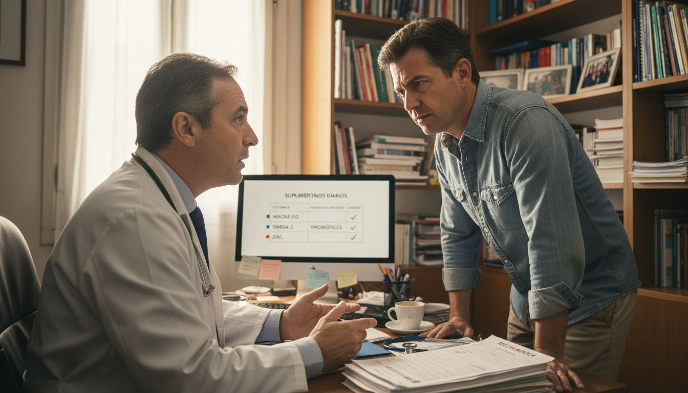 El médico conversa con su paciente sobre el uso de suplementos durante una consulta en el consultorio.