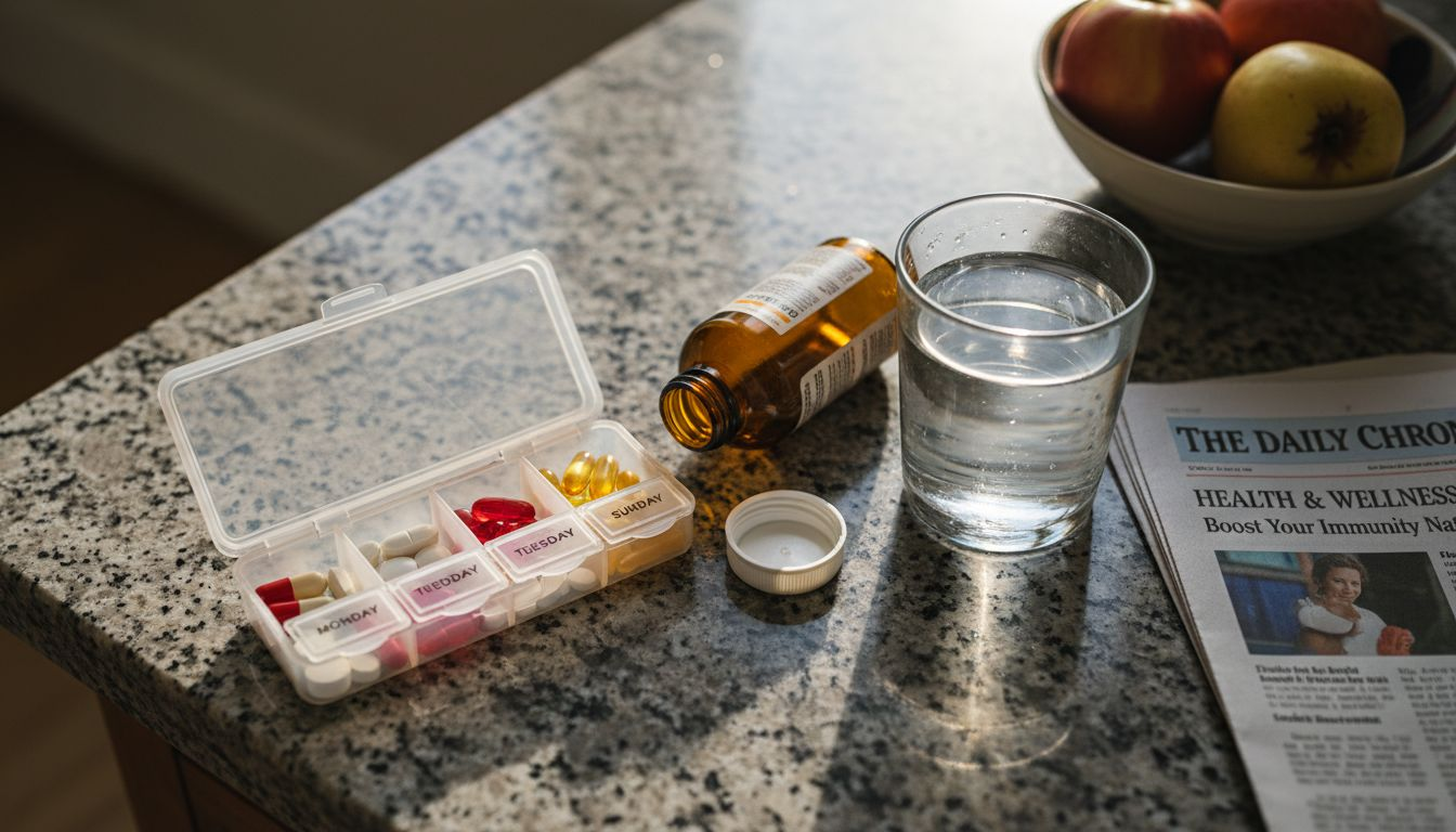 Omega-3 supplement bottle on kitchen counter
