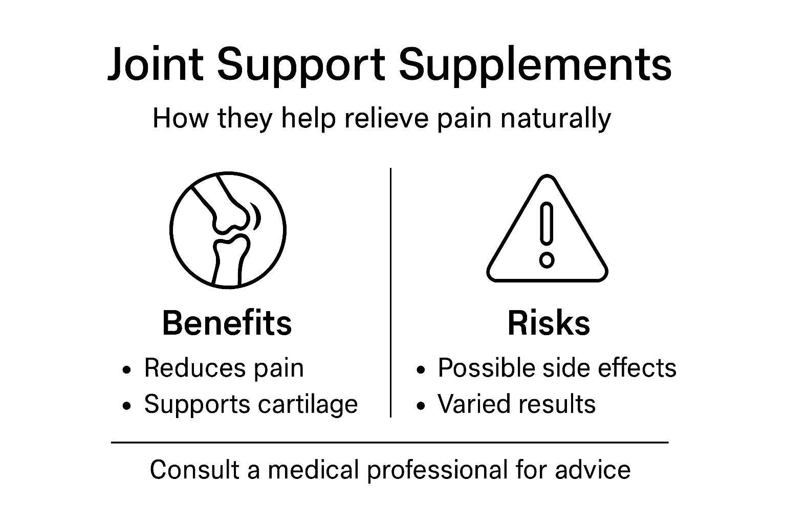 Infographic comparing joint support supplement benefits and risks