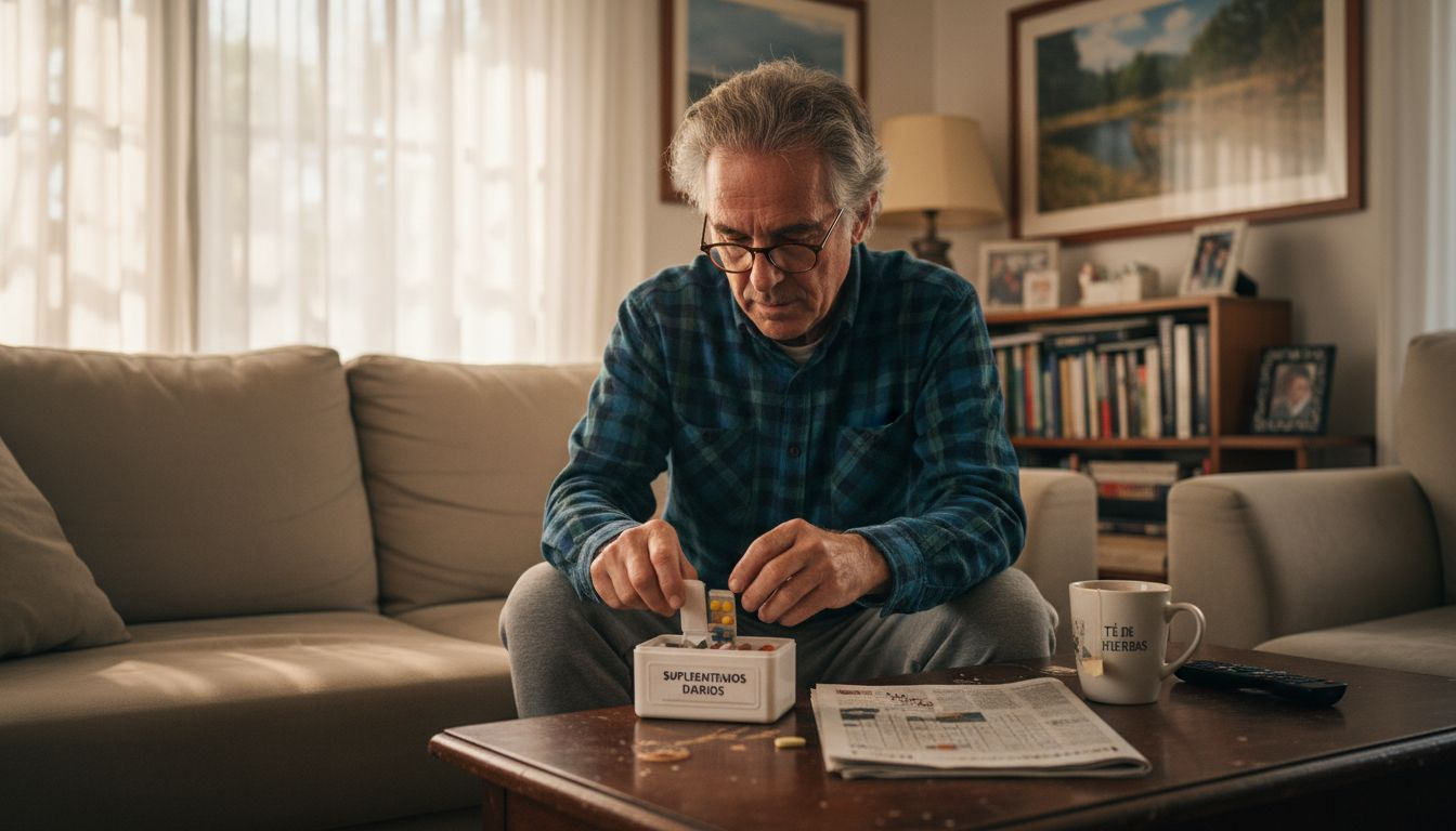 Un hombre mayor tomando sus suplementos en casa