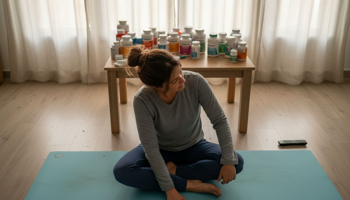 Una mujer adulta realiza ejercicios de estiramiento en el salón de su casa.