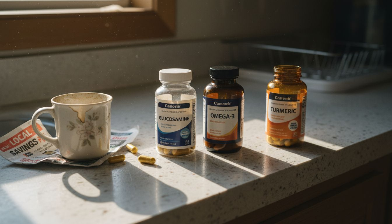Supplement bottles for joint pain on kitchen counter