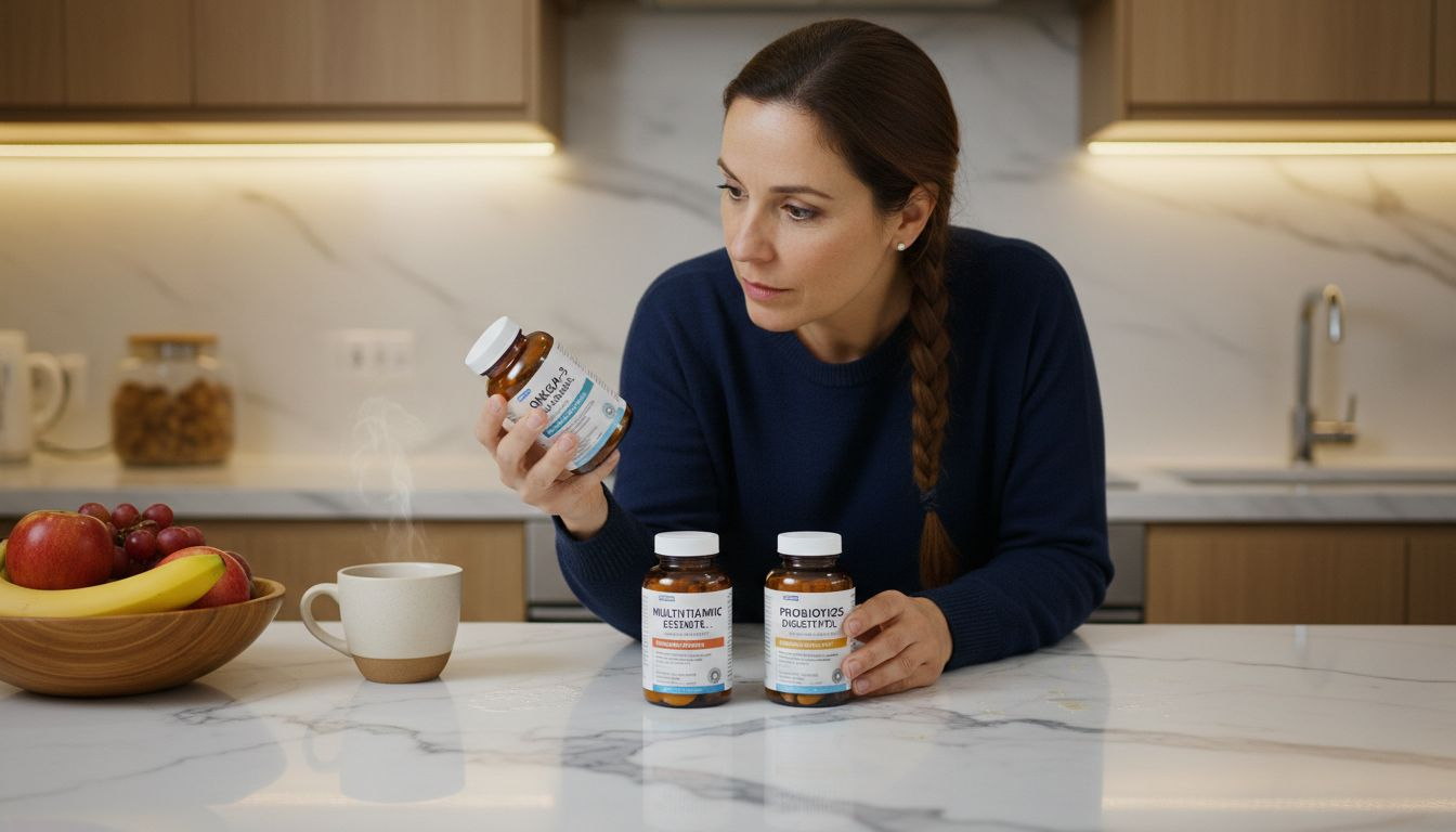 Una mujer revisa y compara diferentes suplementos mientras está en la cocina, evaluando cuál se adapta mejor a sus necesidades.