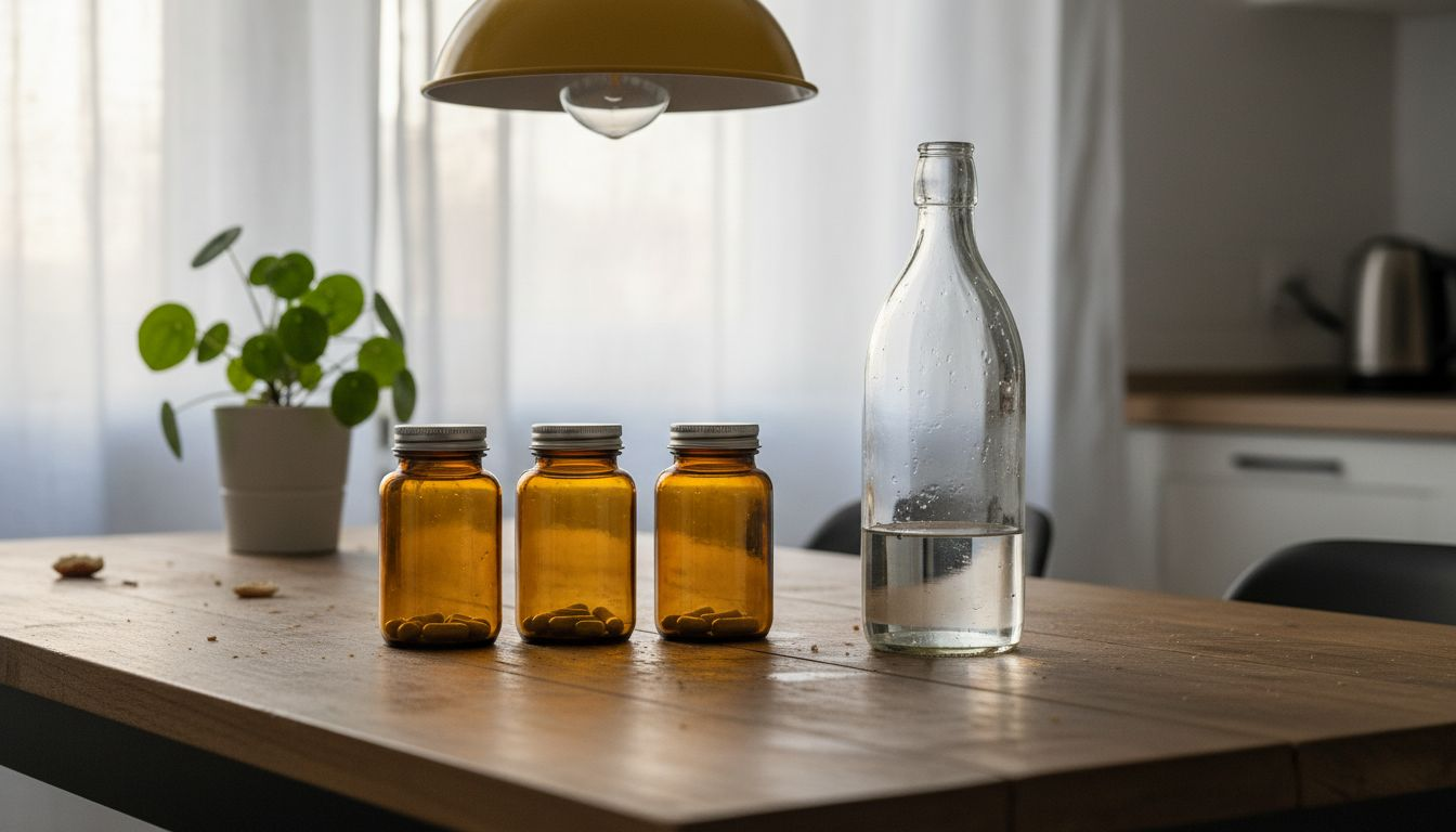 Botes de suplementos colocados en la mesa del comedor familiar
