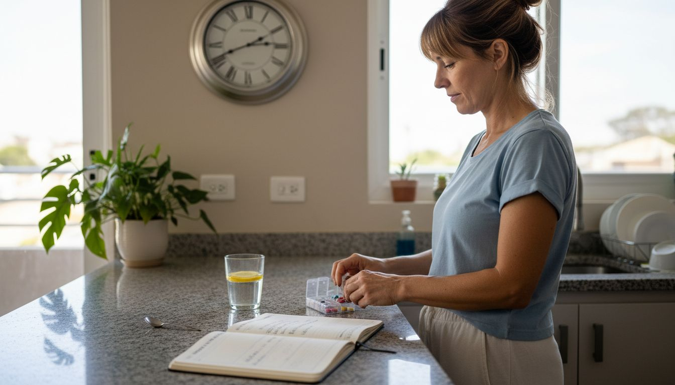 Una mujer organiza su rutina diaria de suplementos para cuidar la salud de sus articulaciones.