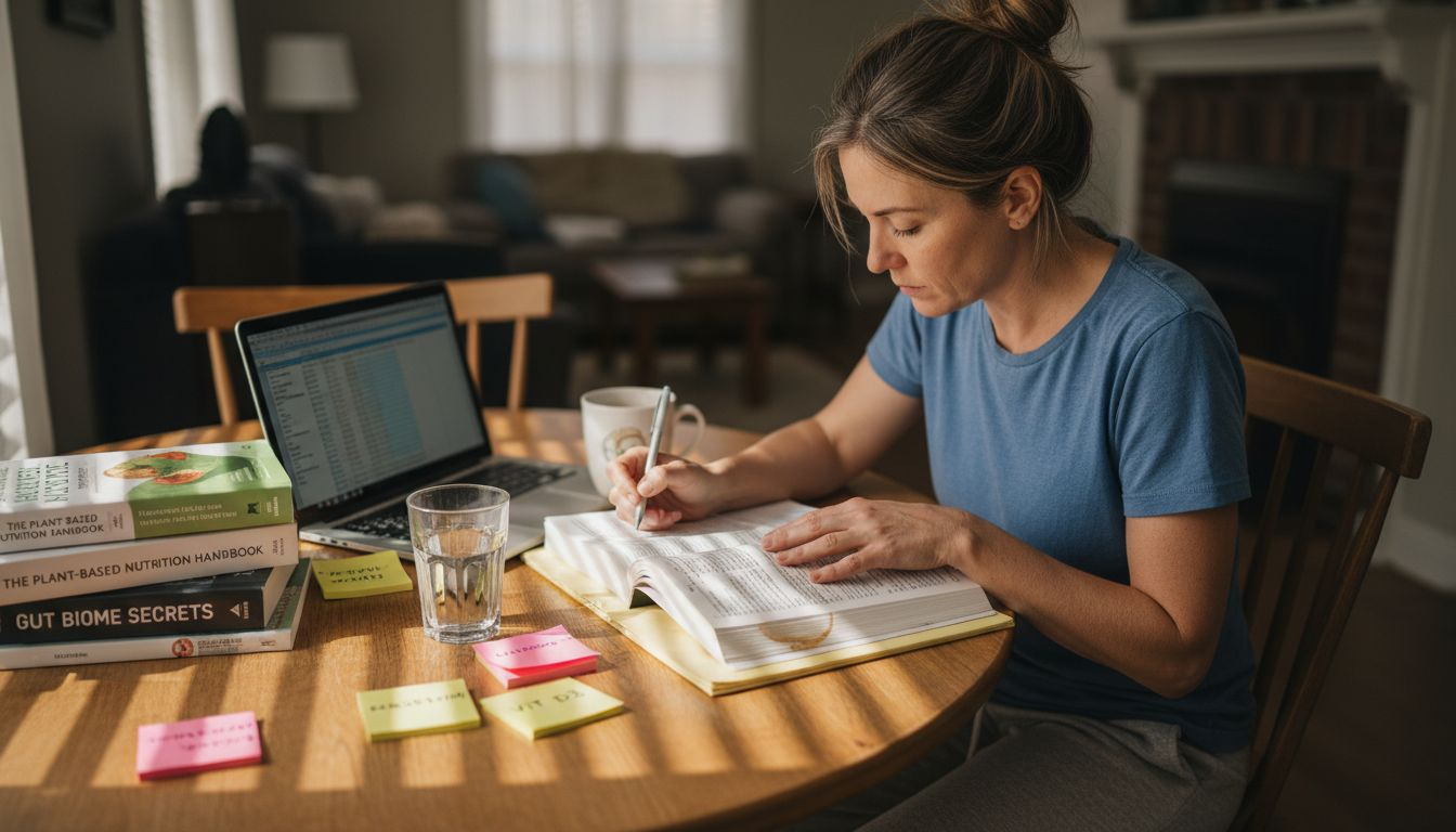 Woman researching supplements at dining table