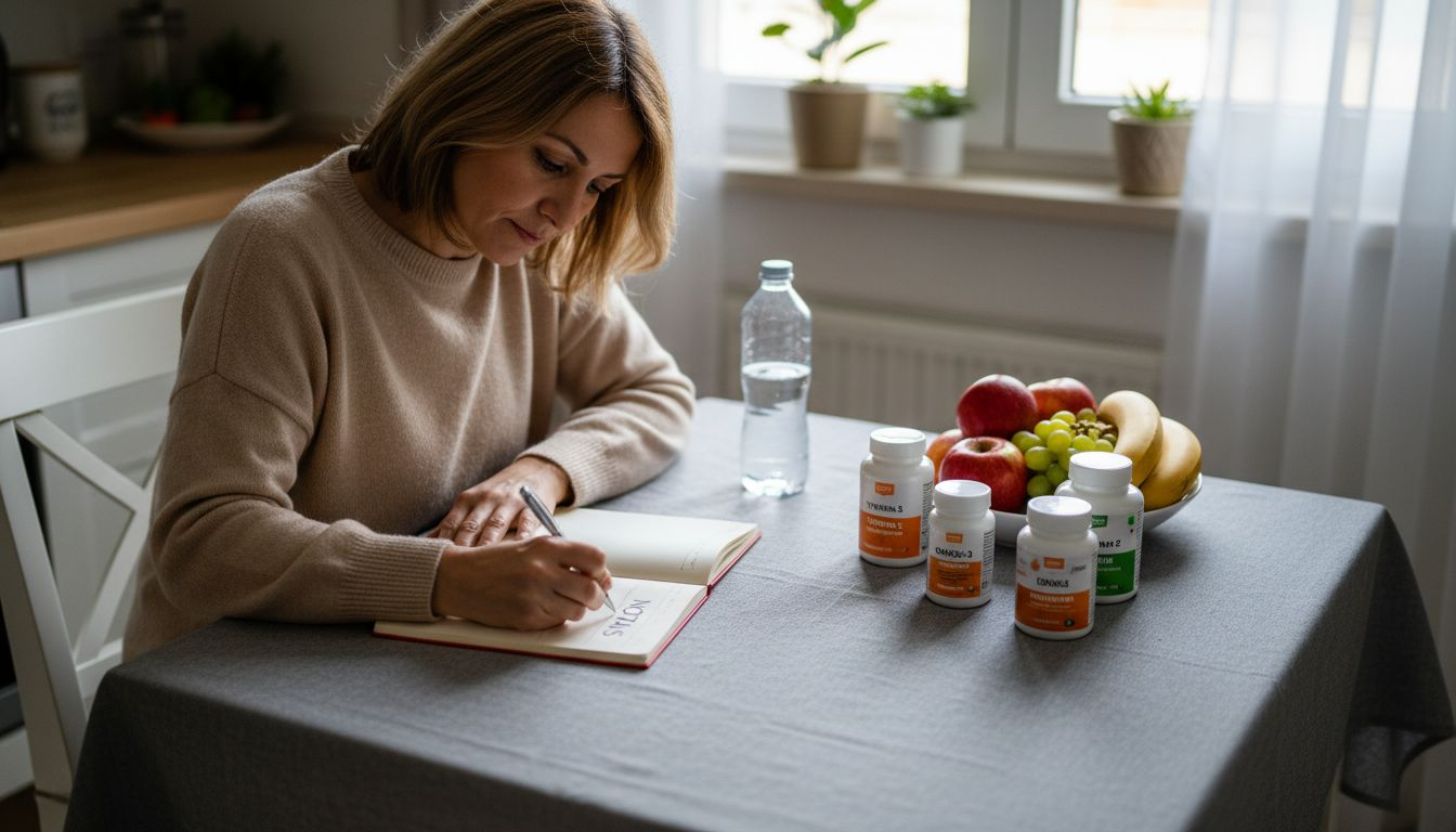 Una mujer está en la cocina, revisando los suplementos que tiene sobre la encimera para decidir cuáles tomar.