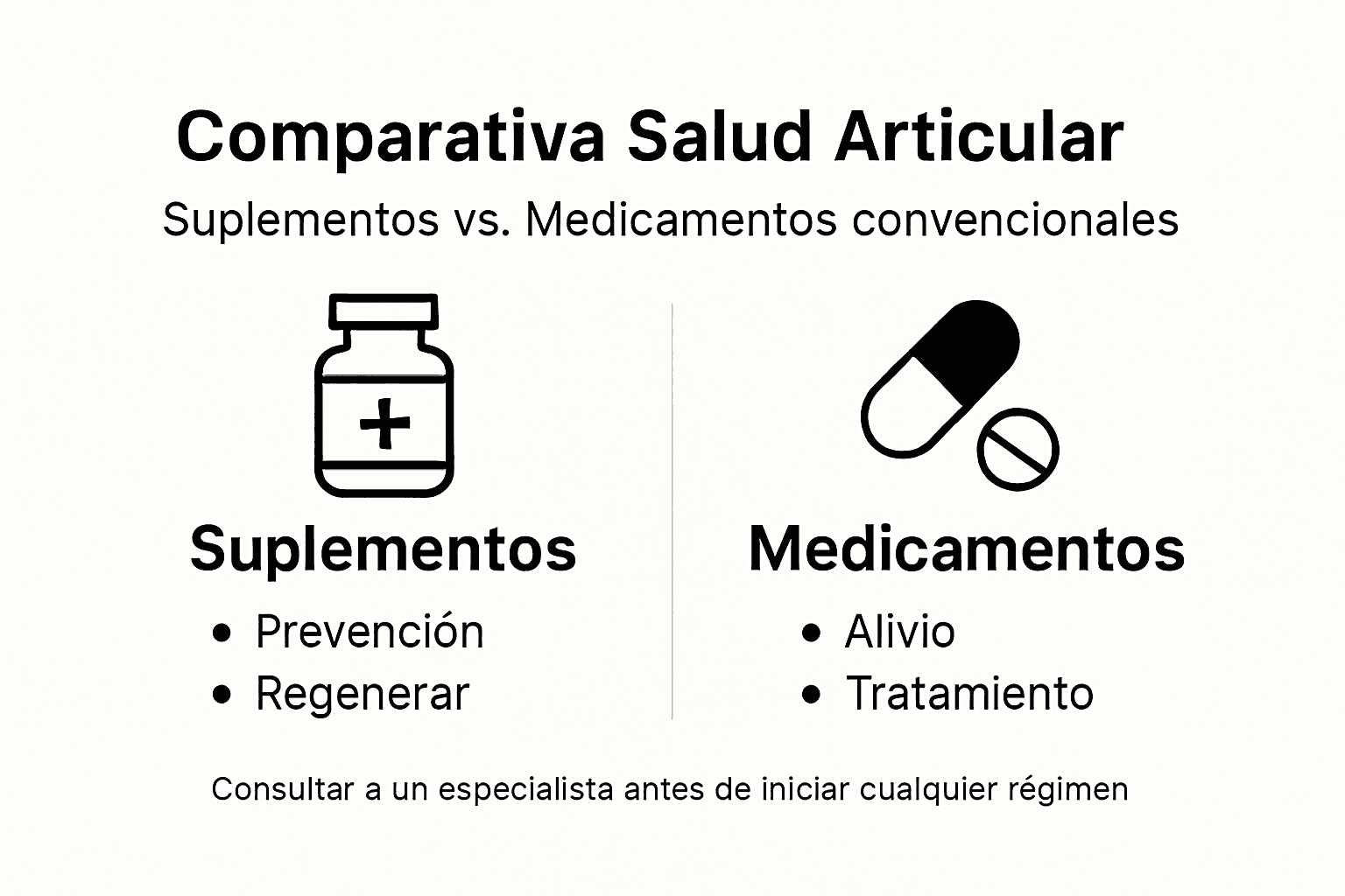 Infografía sobre las diferencias entre suplementos y medicamentos para cuidar las articulaciones