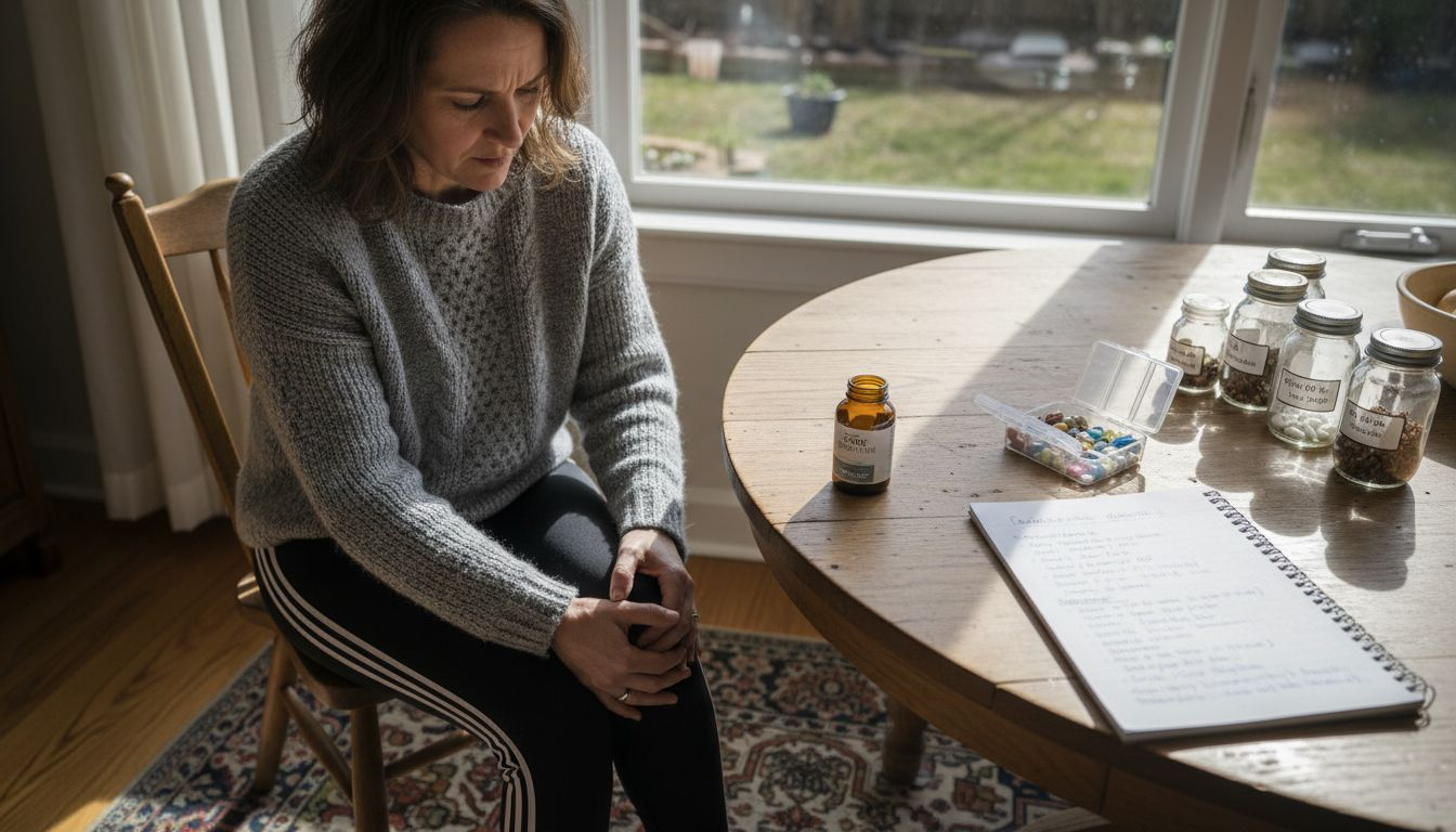 Woman massaging knee at kitchen table with supplements