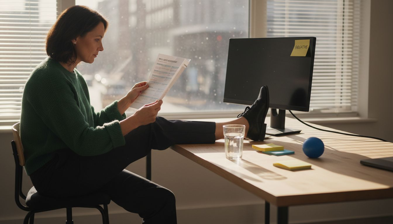 Woman stretching knee at office desk