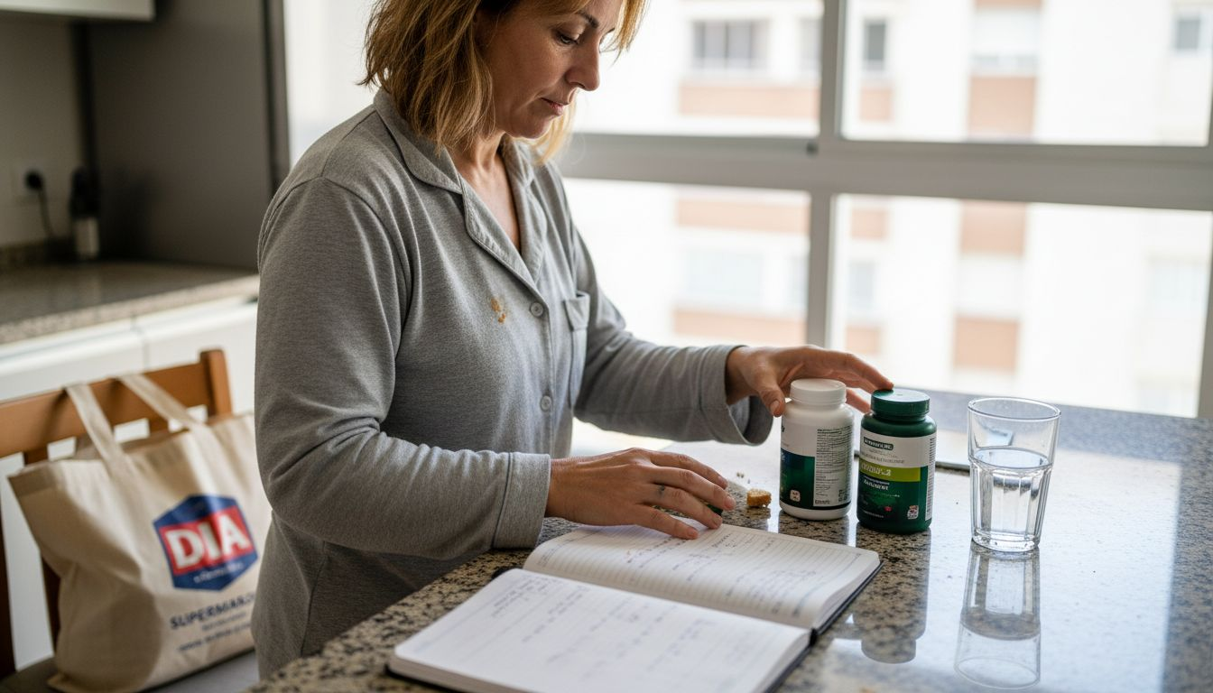 Una mujer prepara sus suplementos mientras organiza la mañana en la cocina.