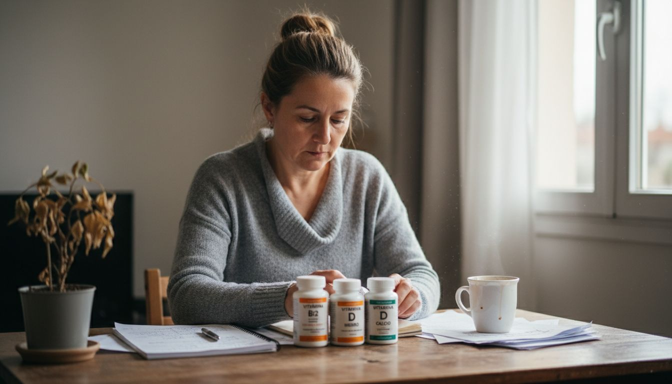 Una mujer revisa las vitaminas en su escritorio y elige las que necesita.