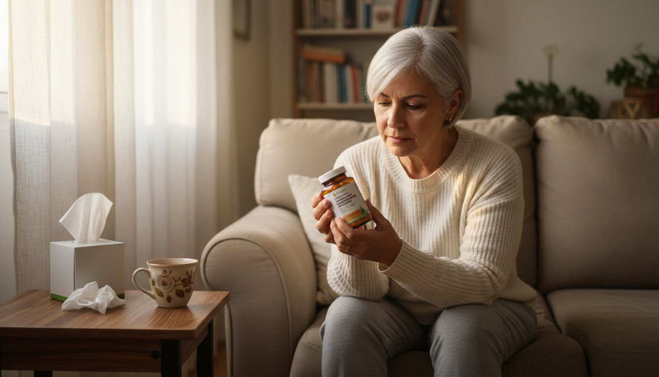 Mujer revisando la etiqueta de un suplemento natural