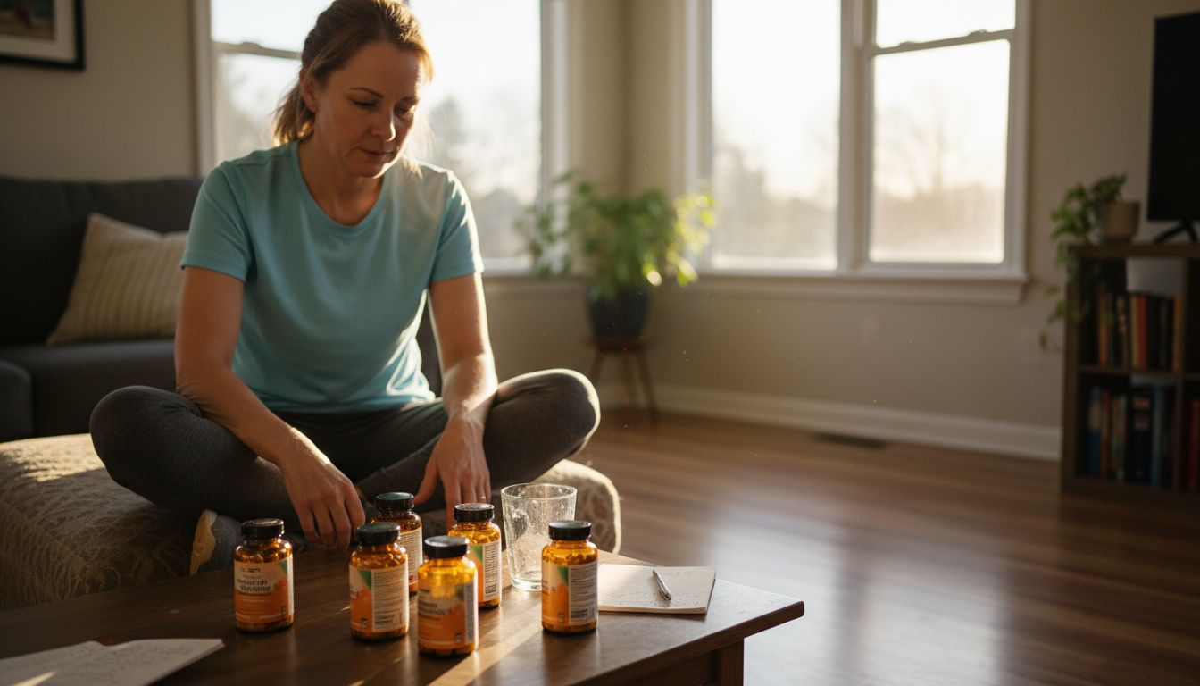 Woman comparing turmeric supplement bottles