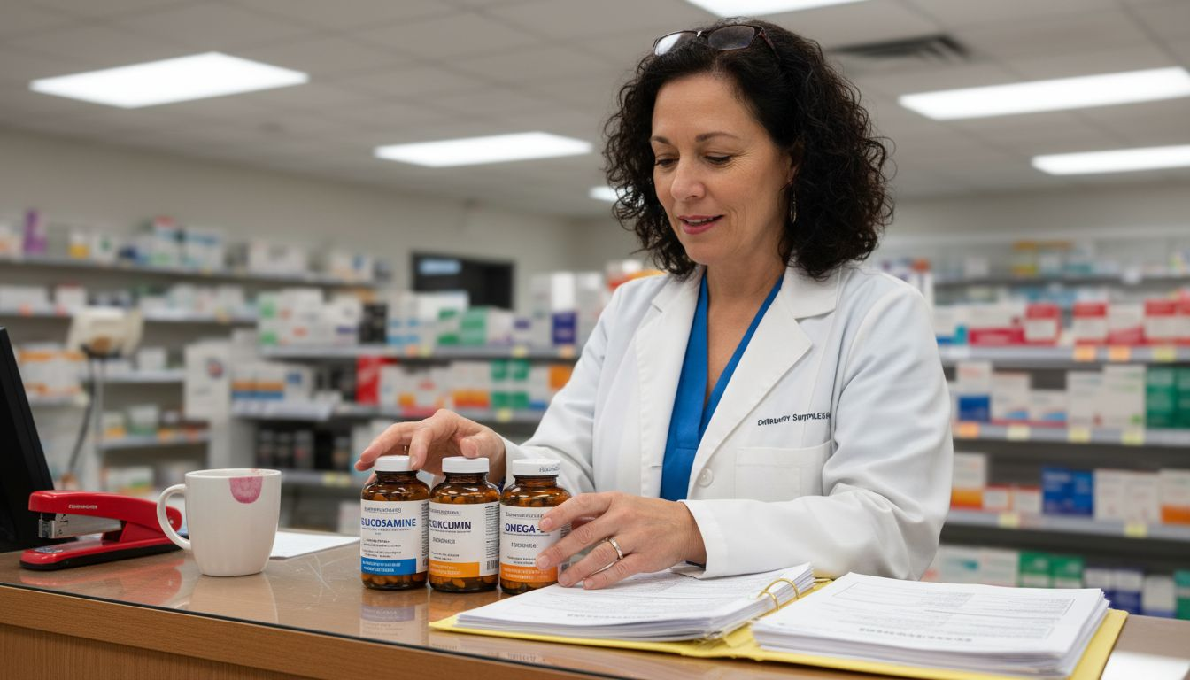 Pharmacist arranging key supplement bottles