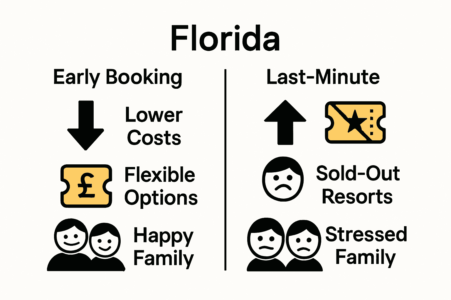 Infographic comparing early and last-minute Florida holiday planning outcomes.
