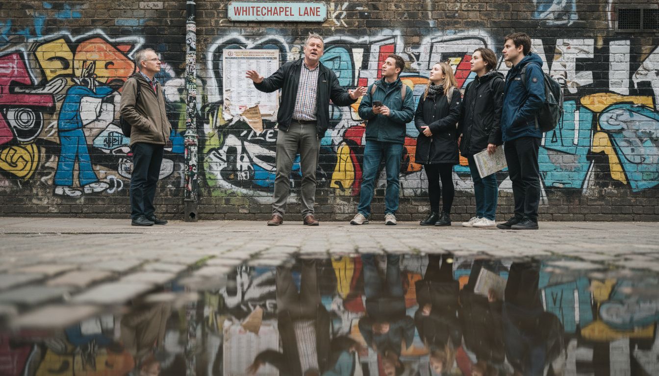 Guided tour group pauses for storytelling