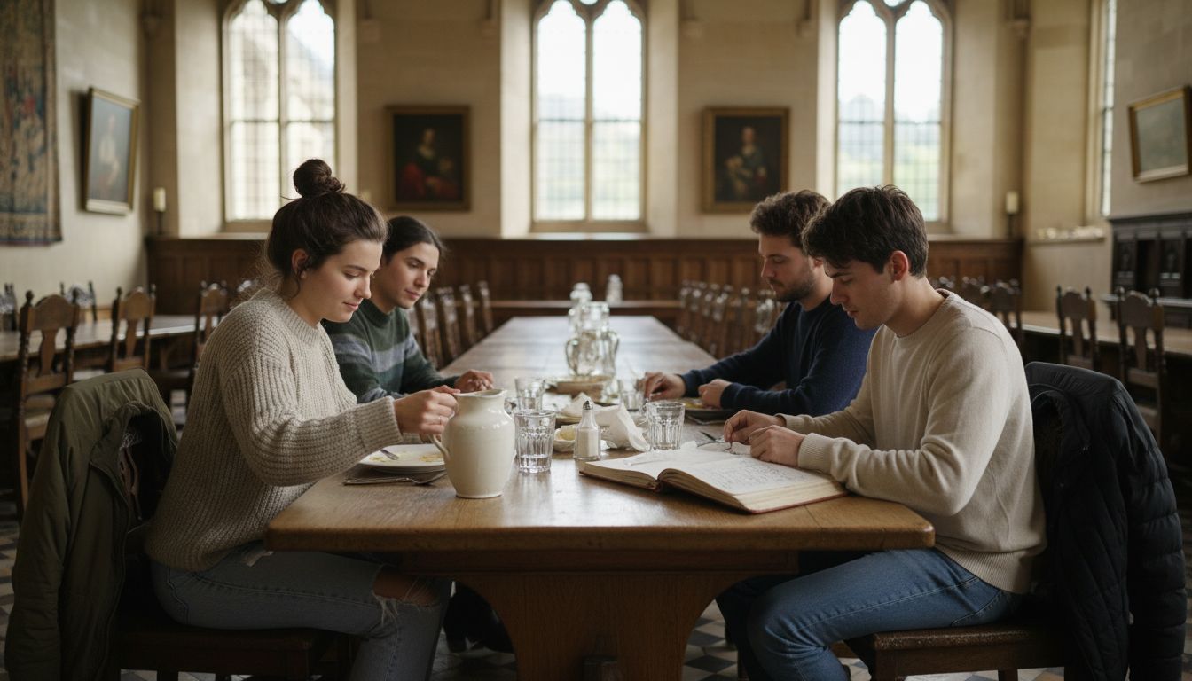 Students eating Oxford college dining hall