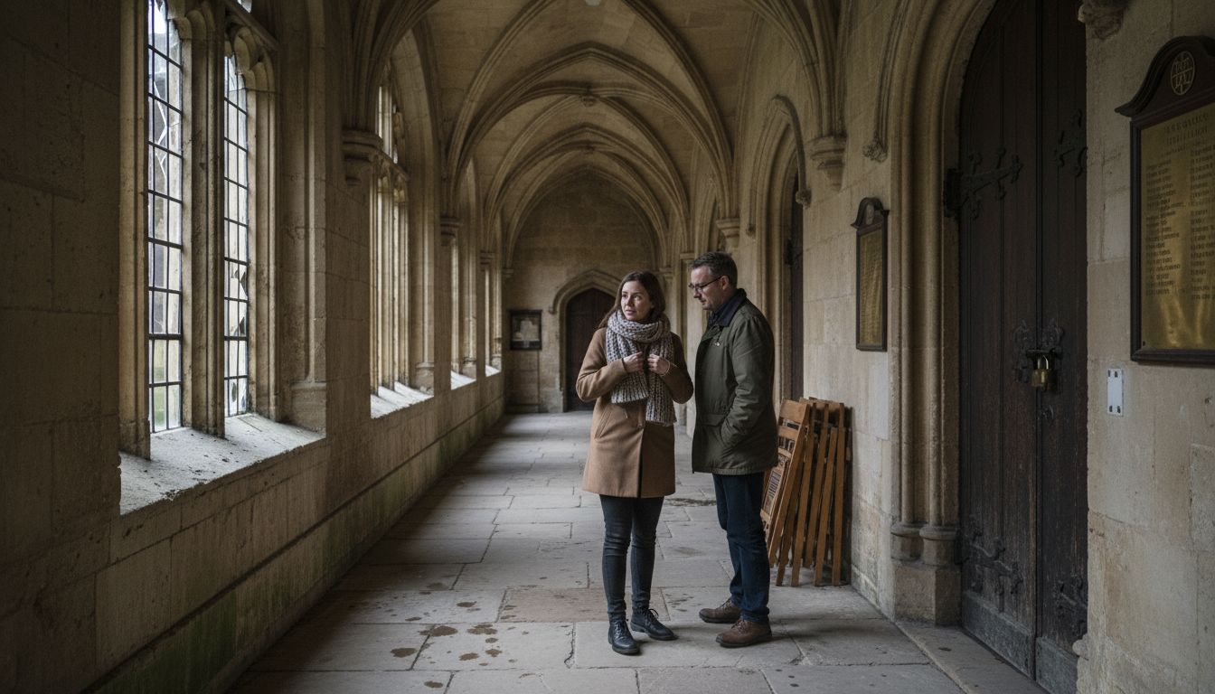 Visitors pause in Oxford college cloisters