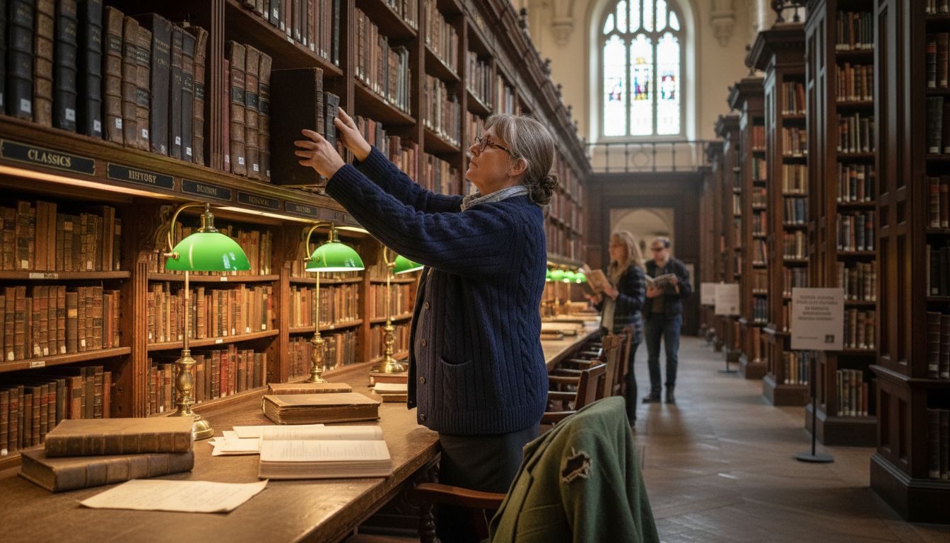 Bodleian Library interior with librarian working