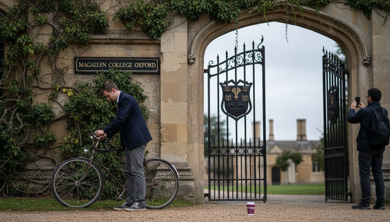 Student at Magdalen College main gate Oxford