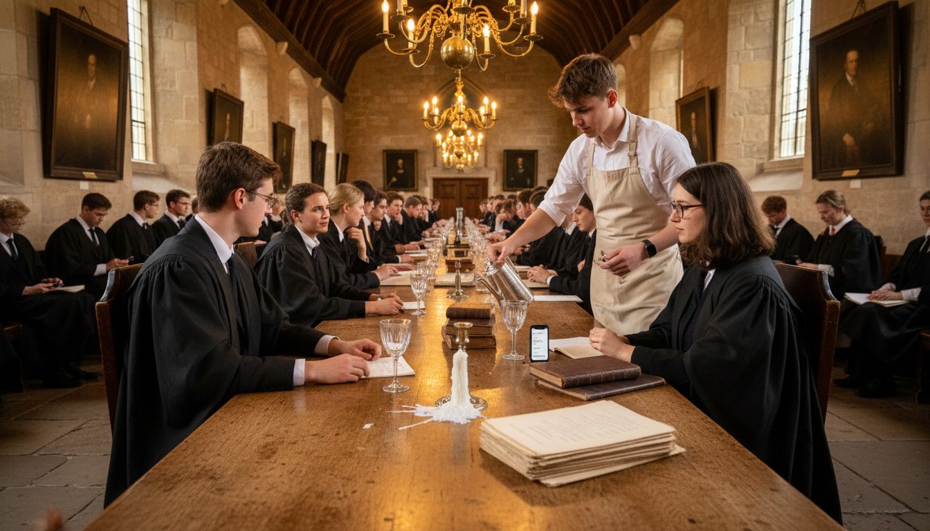 Oxford formal hall dinner with students in gowns