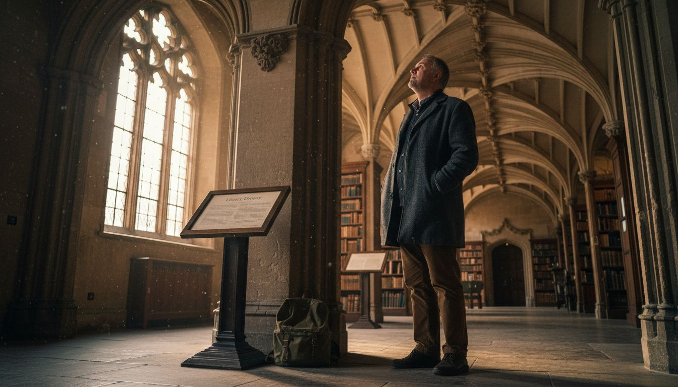 Visitor exploring Bodleian Library historic interior