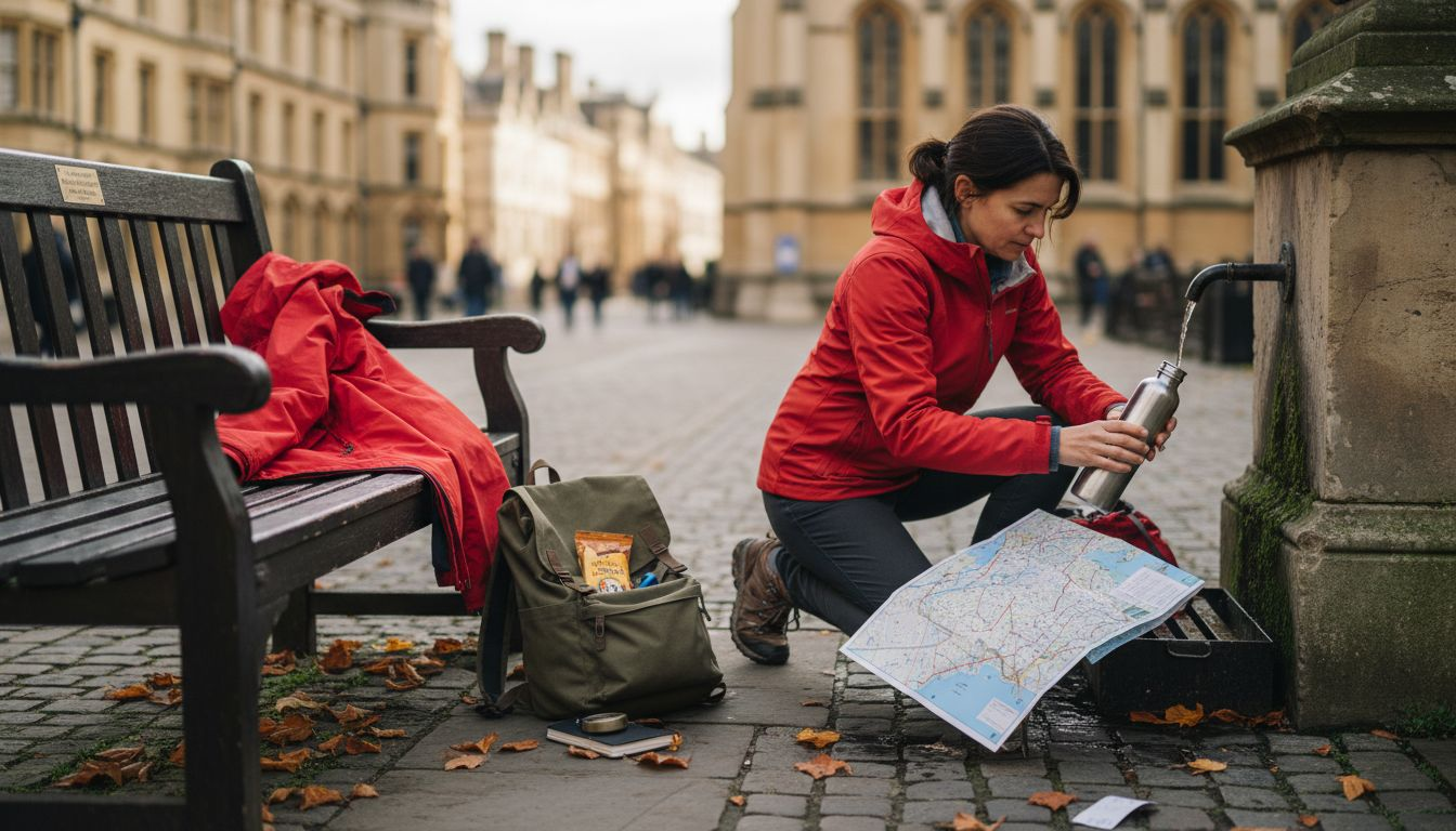 Hiker preparing gear on Oxford bench