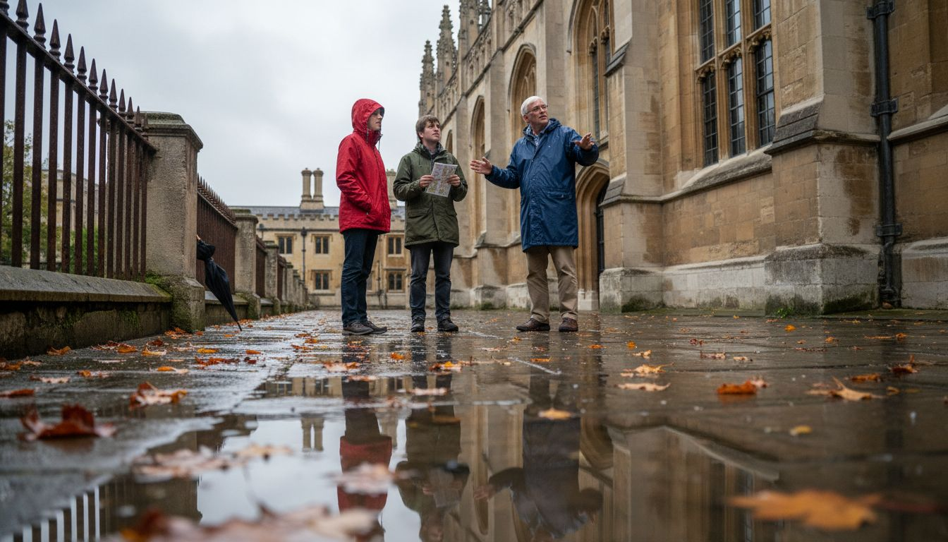 Guide leads group by Oxford college gate