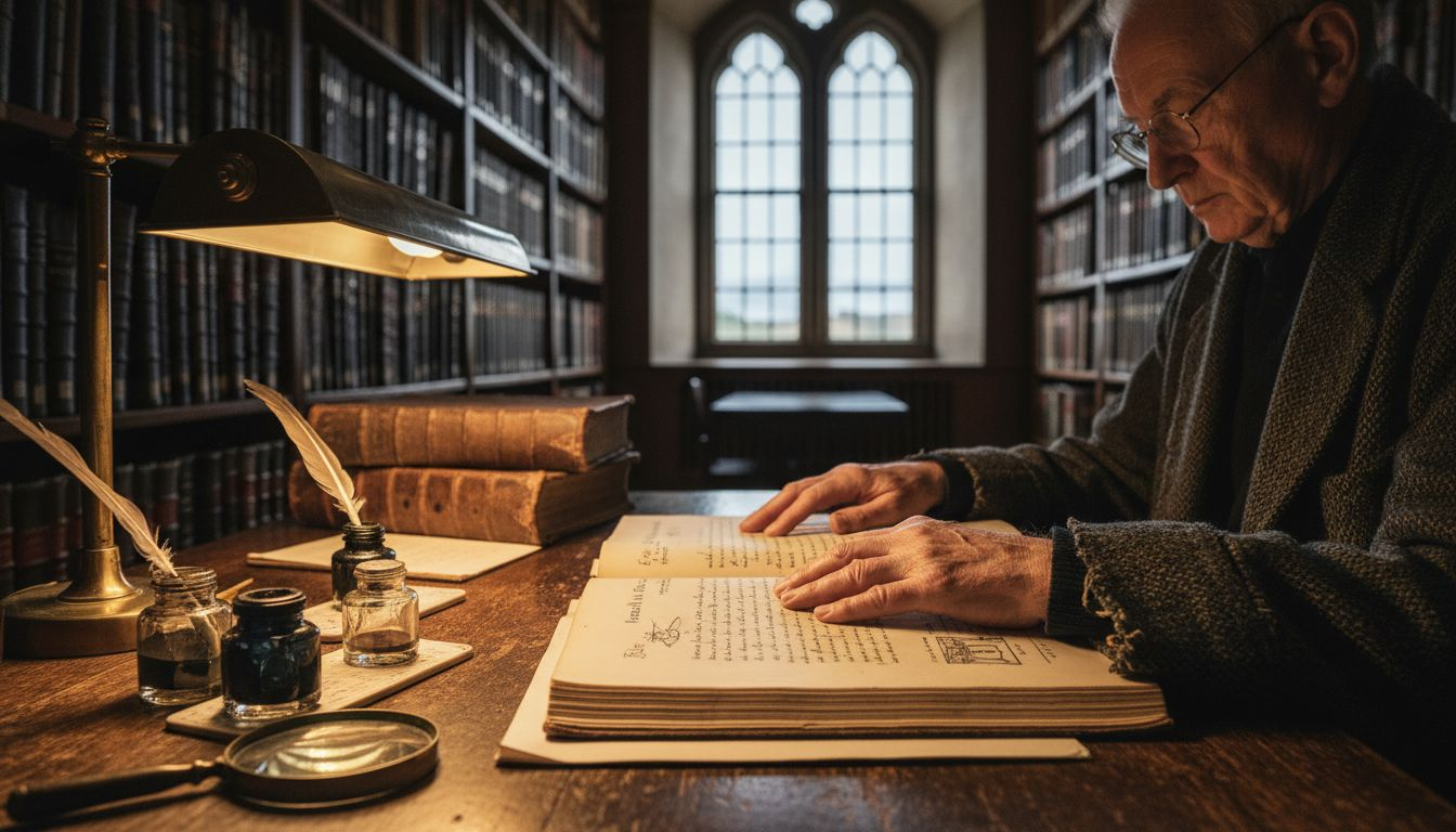 Elderly scholar examines magical texts Oxford library