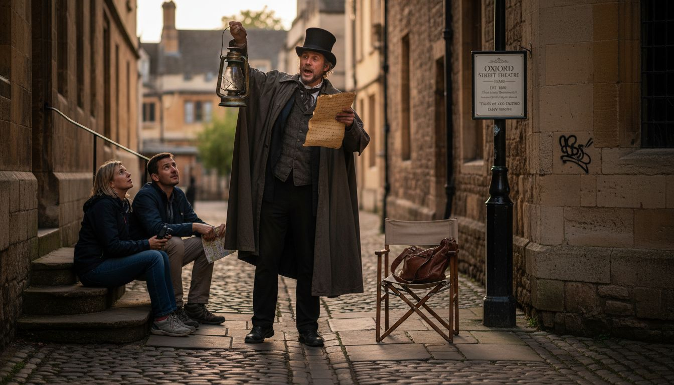 Performer entertains tourists in Oxford alleyway