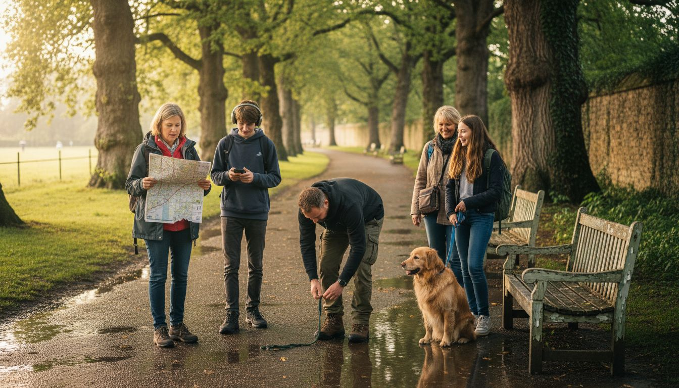 Tourists walking Oxford garden path in morning