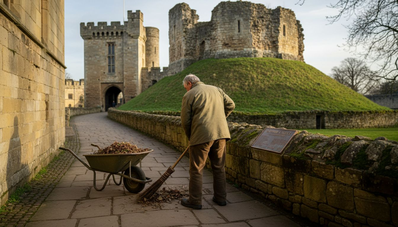 Groundskeeper sweeping walkway at Oxford Castle