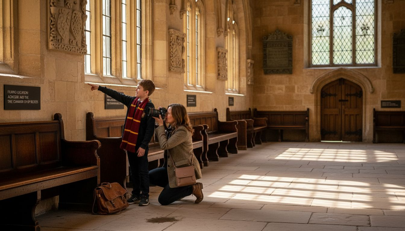 Boy and parent in Bodleian Library cloisters