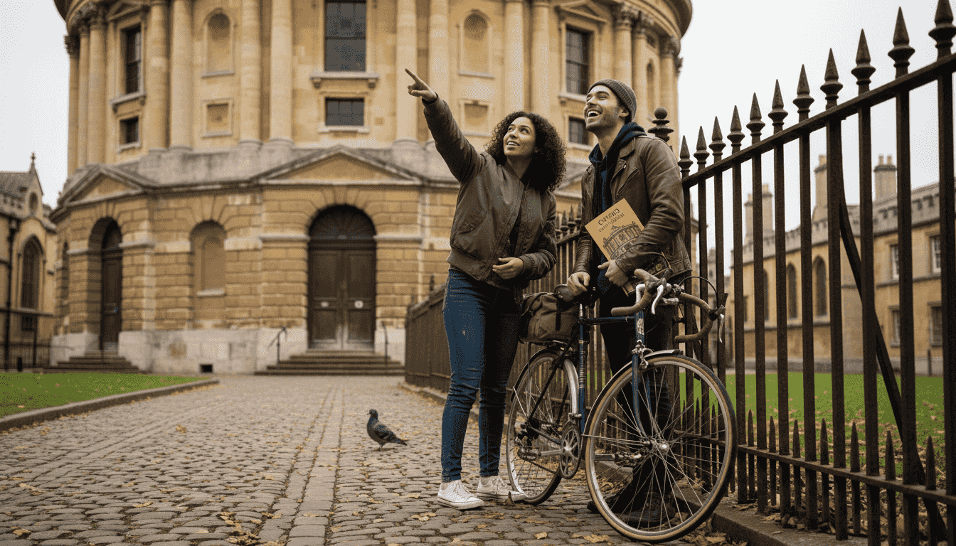 Students with bikes by Radcliffe Camera Oxford
