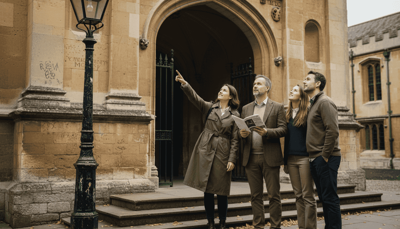 Tourists examining Bodleian Library entrance