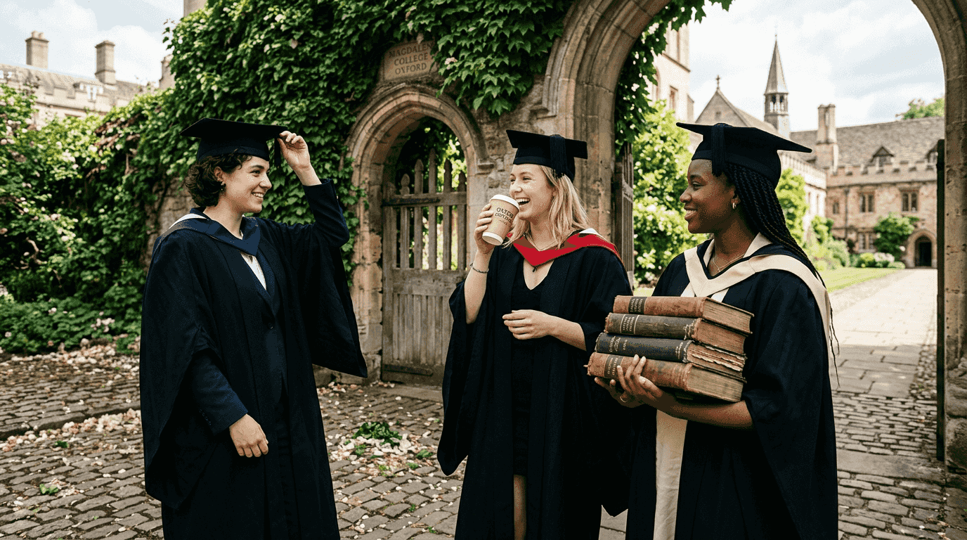 Oxford students in traditional college attire outside gates