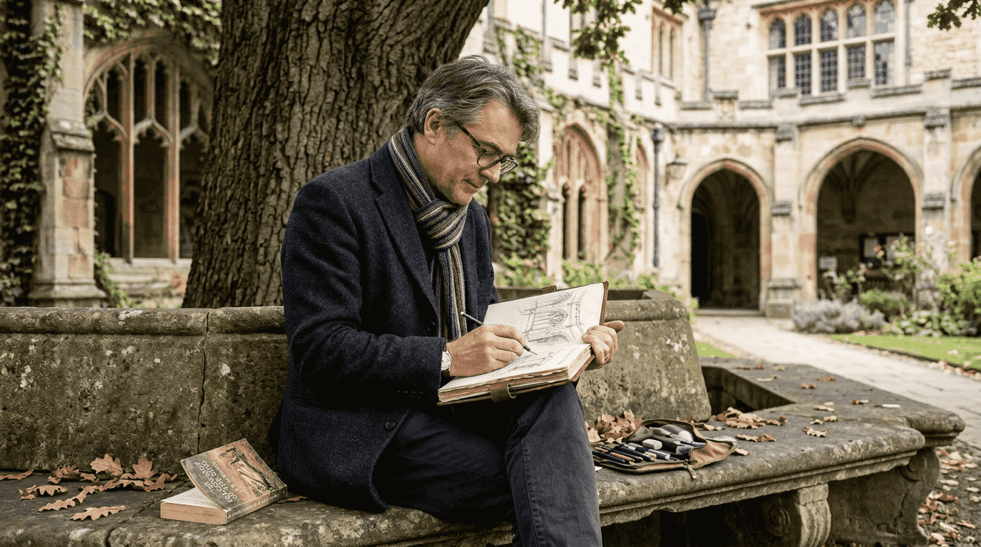 Man sketching Tolkien-inspired scene in Oxford college garden