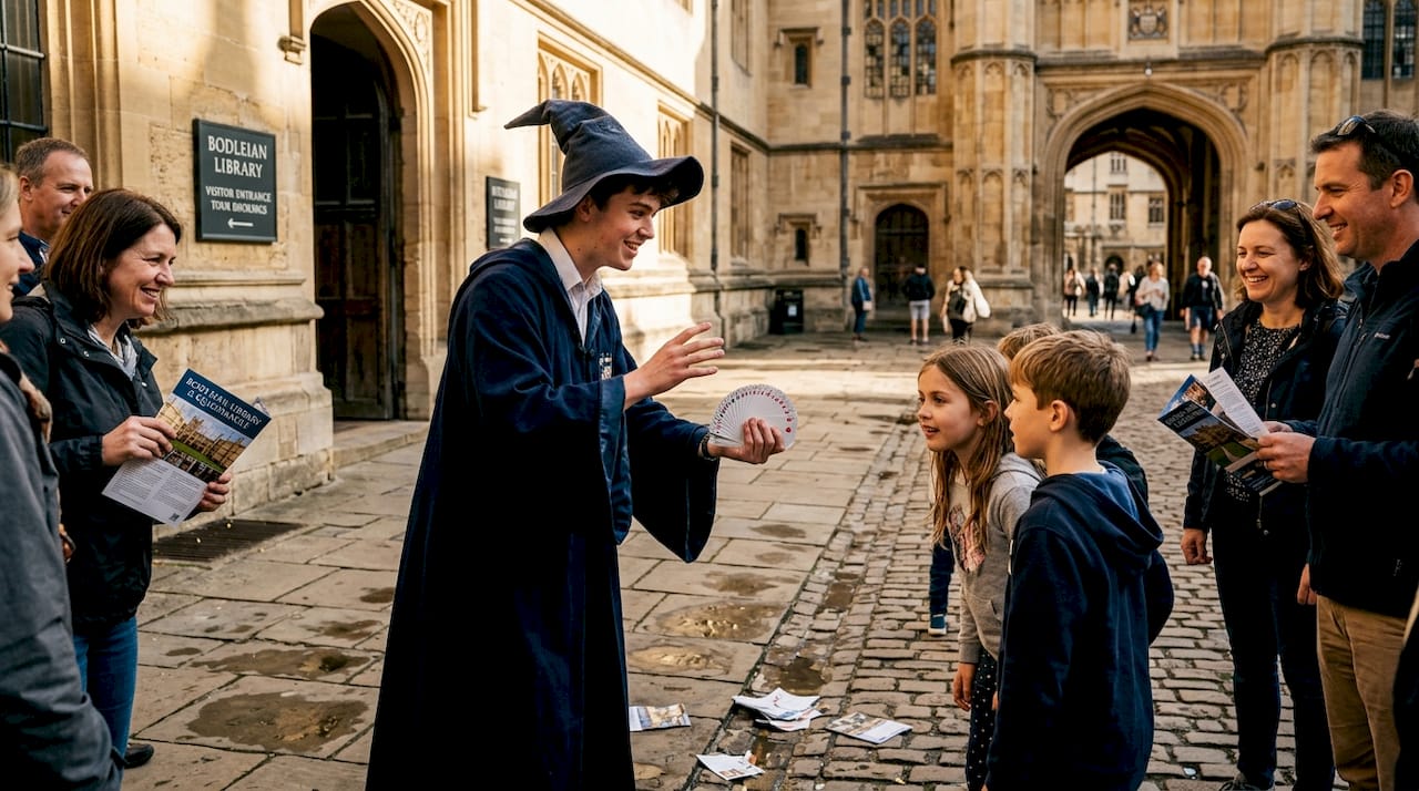Magic guide entertains tour at Bodleian Library