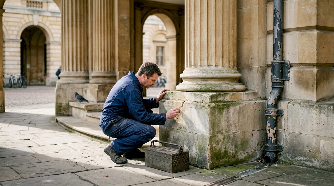 Worker near Radcliffe Camera Corinthian column