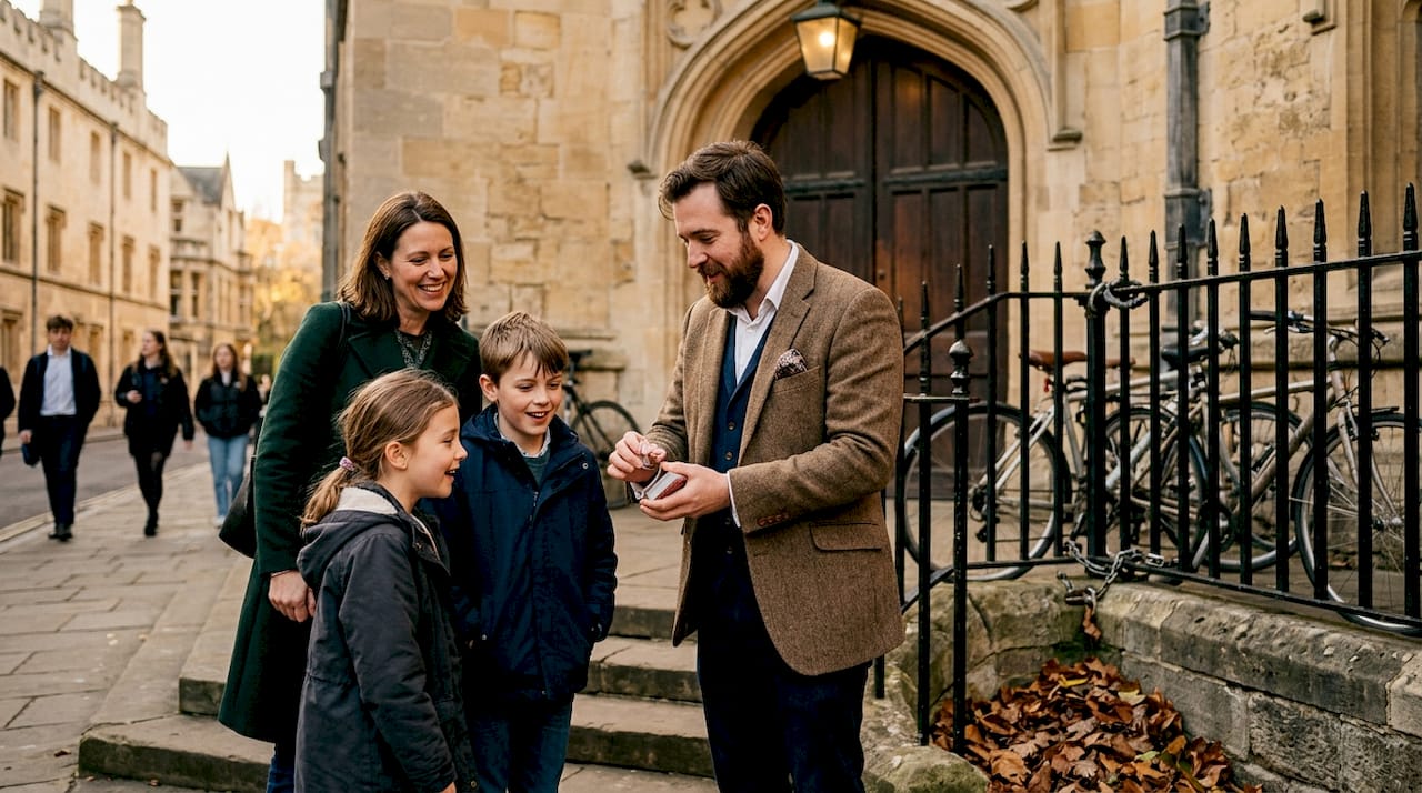 Magician performing card trick outside Oxford college