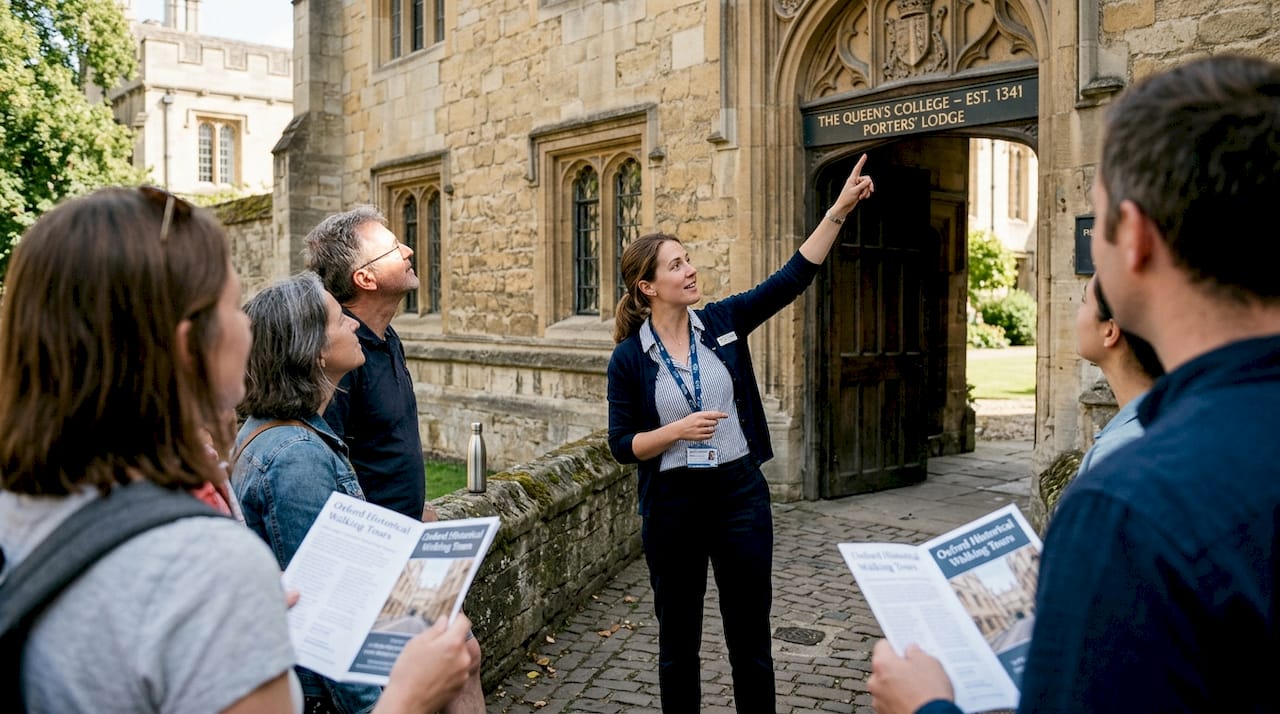 Tour guide shows visitors Oxford college filming spot