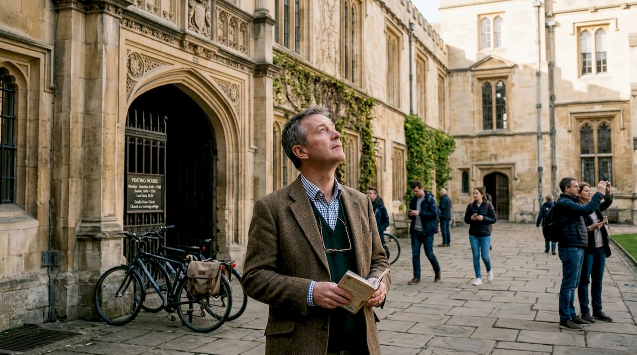 Man admiring Christ Church courtyard architecture