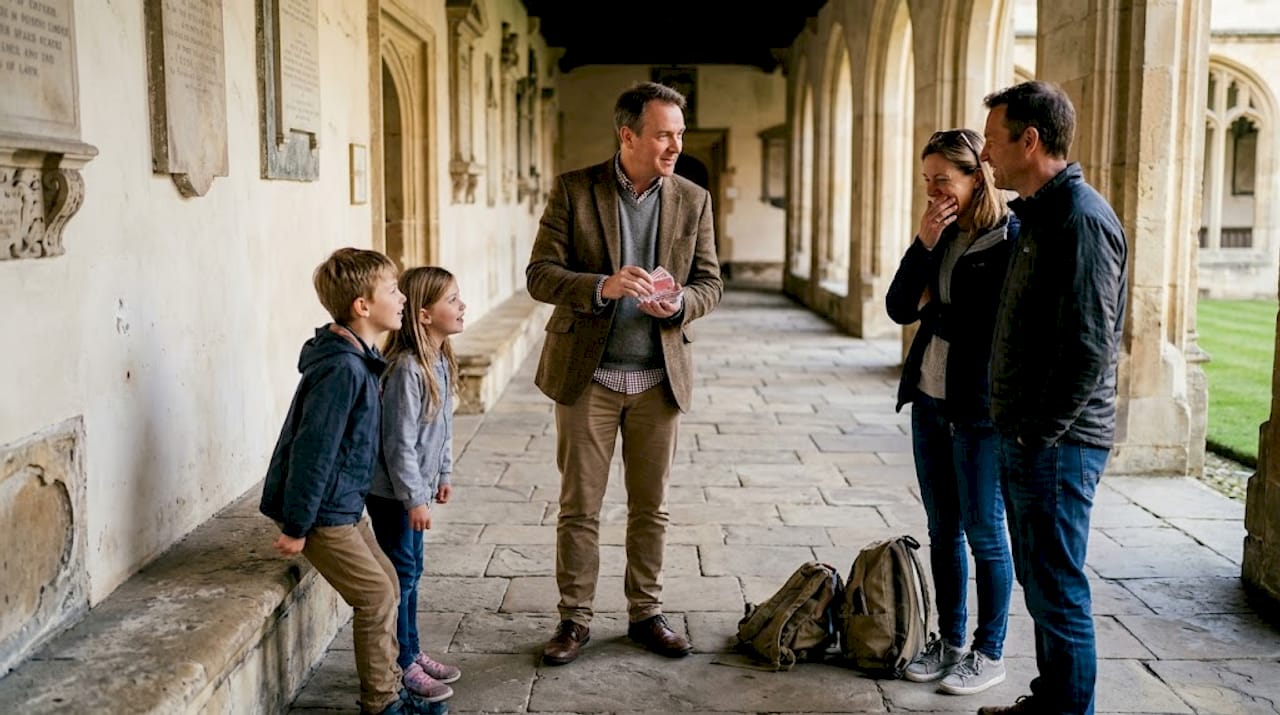 Magician performing for small tour group in Oxford