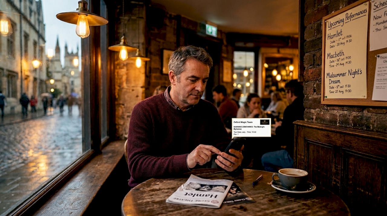 Man in Oxford arts café checking show booking