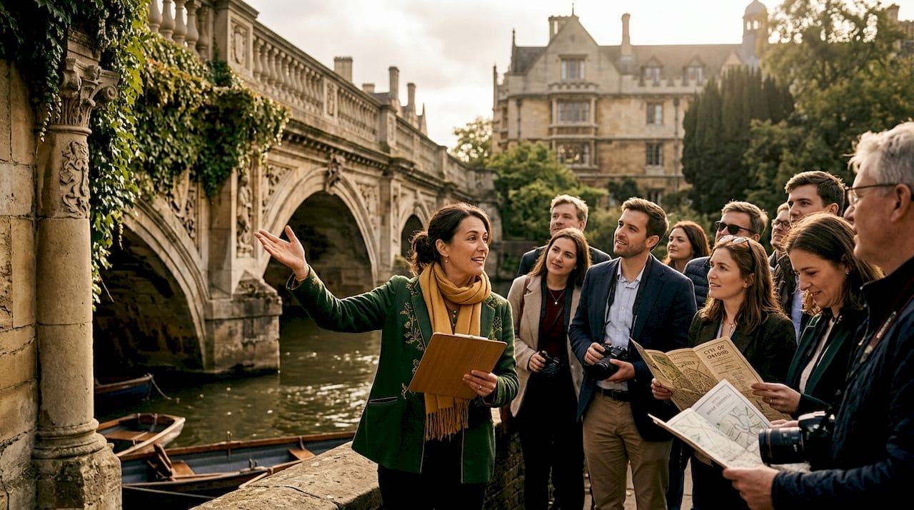 Tour guide explaining city gate to group